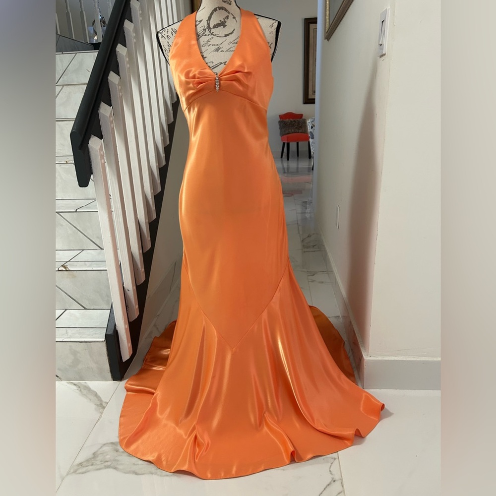 Dave & Johnny Vibrant Orange Satin Halter Backless Prom Gown